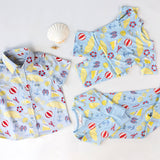 Children's loungewear set, shirt, and zipper romper with beach-themed pattern on a white background