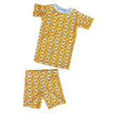 Children's pajama set with fish pattern on a white background