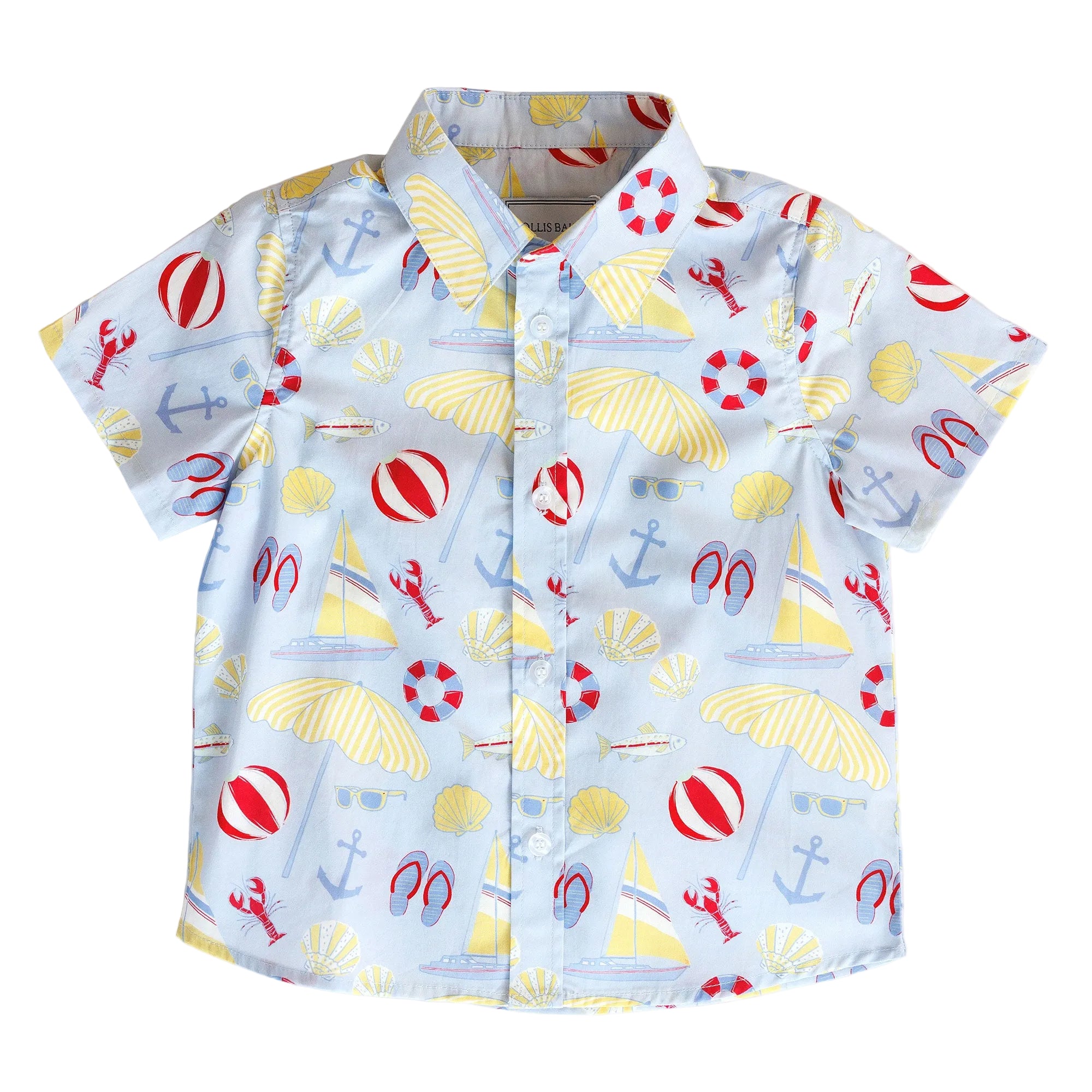 Children's shirt with beach-themed pattern on a white background