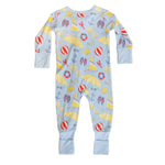 Children's onesie with beach-themed print on a white background
