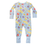 Children's onesie with beach-themed print on a white background