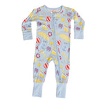 Children's onesie with beach-themed print on a white background