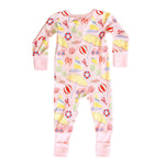 Children's onesie with beach-themed print on a white background