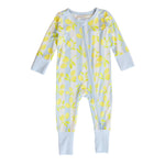 Baby onesie with lemon pattern on a white background