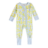 Baby onesie with lemon pattern on a white background