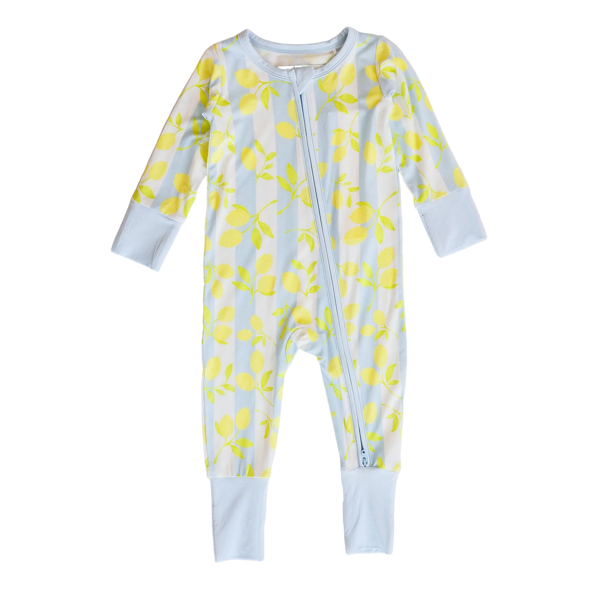 Baby onesie with lemon pattern on a white background