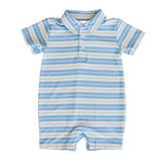 Blue and white striped baby romper on a white background