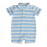 Blue and white striped baby romper on a white background