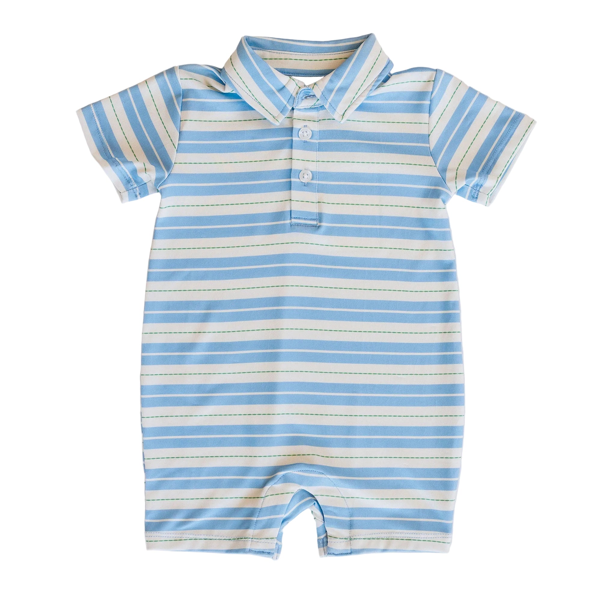 Blue and white striped baby romper on a white background