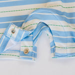 Snaps on baby romper with blue, green, and white stripes