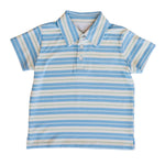 Blue and white striped polo shirt on a white background