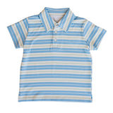 Blue and white striped polo shirt on a white background