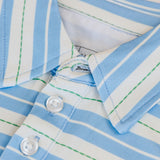 Close-up of a blue and white striped shirt with a button detail.