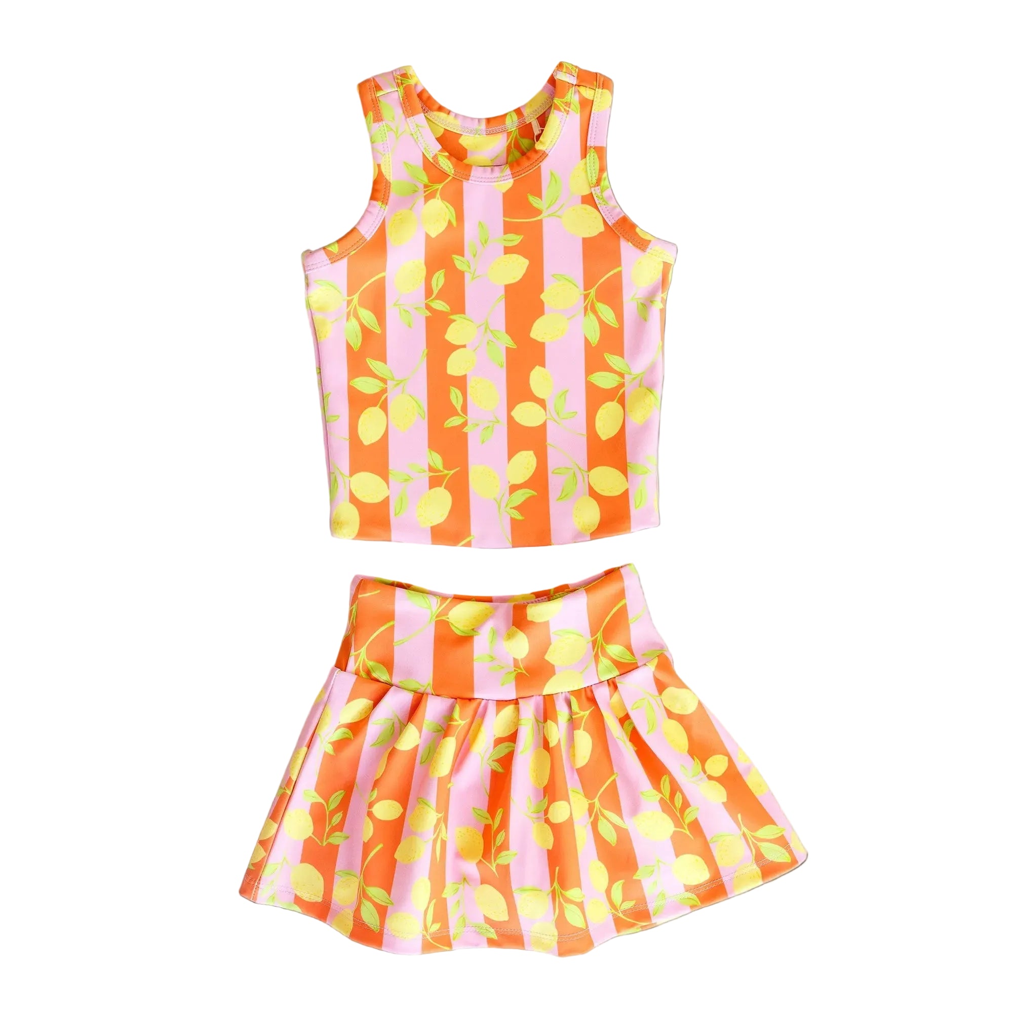 Two-piece outfit with striped pattern on a white background