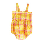 Yellow and pink checkered baby romper on a white background