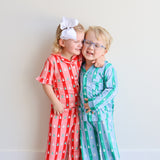 Ruffle Pant Set - Red + Pink Tree Stripes