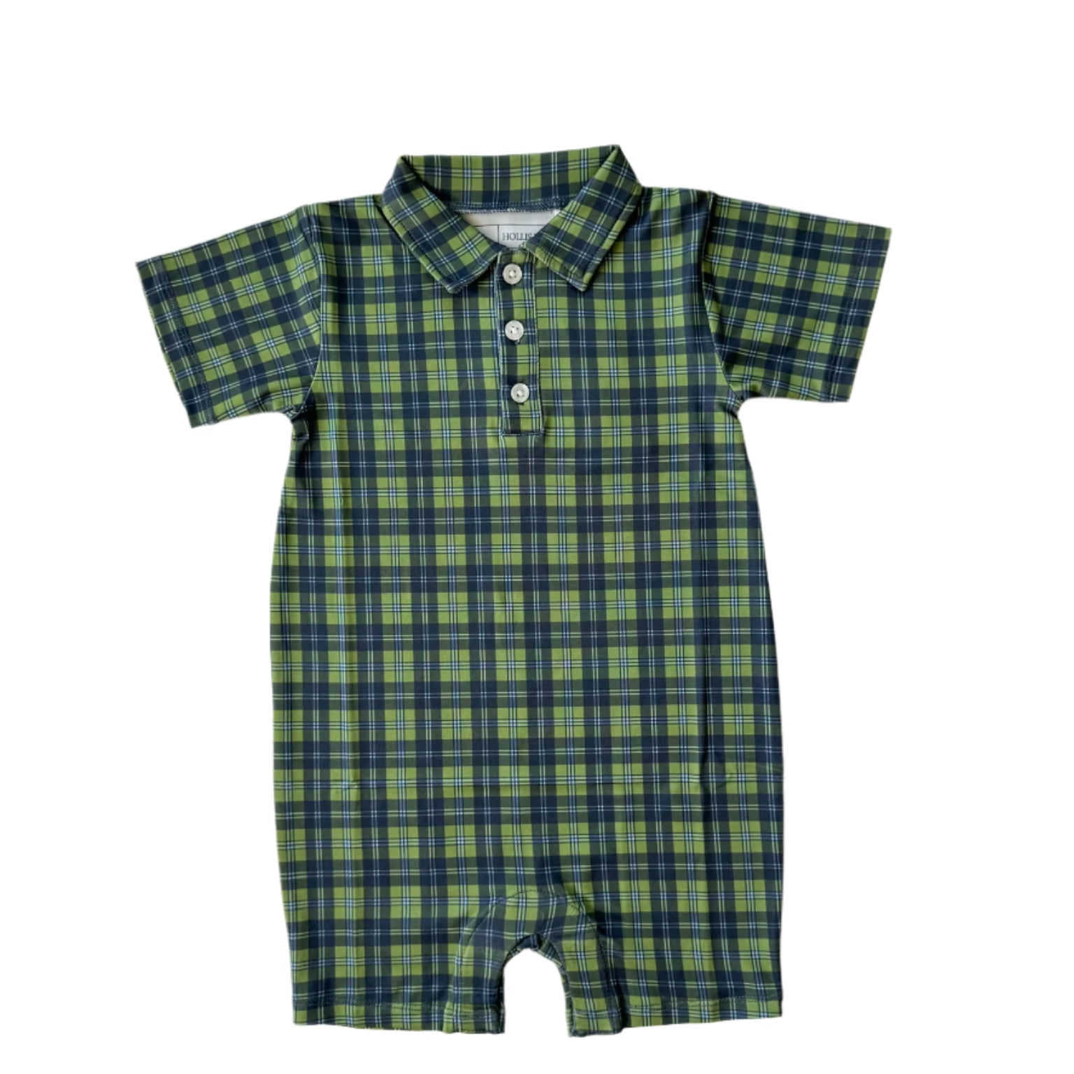 Green plaid baby romper on a white background