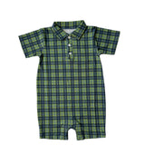 Green plaid baby romper on a white background