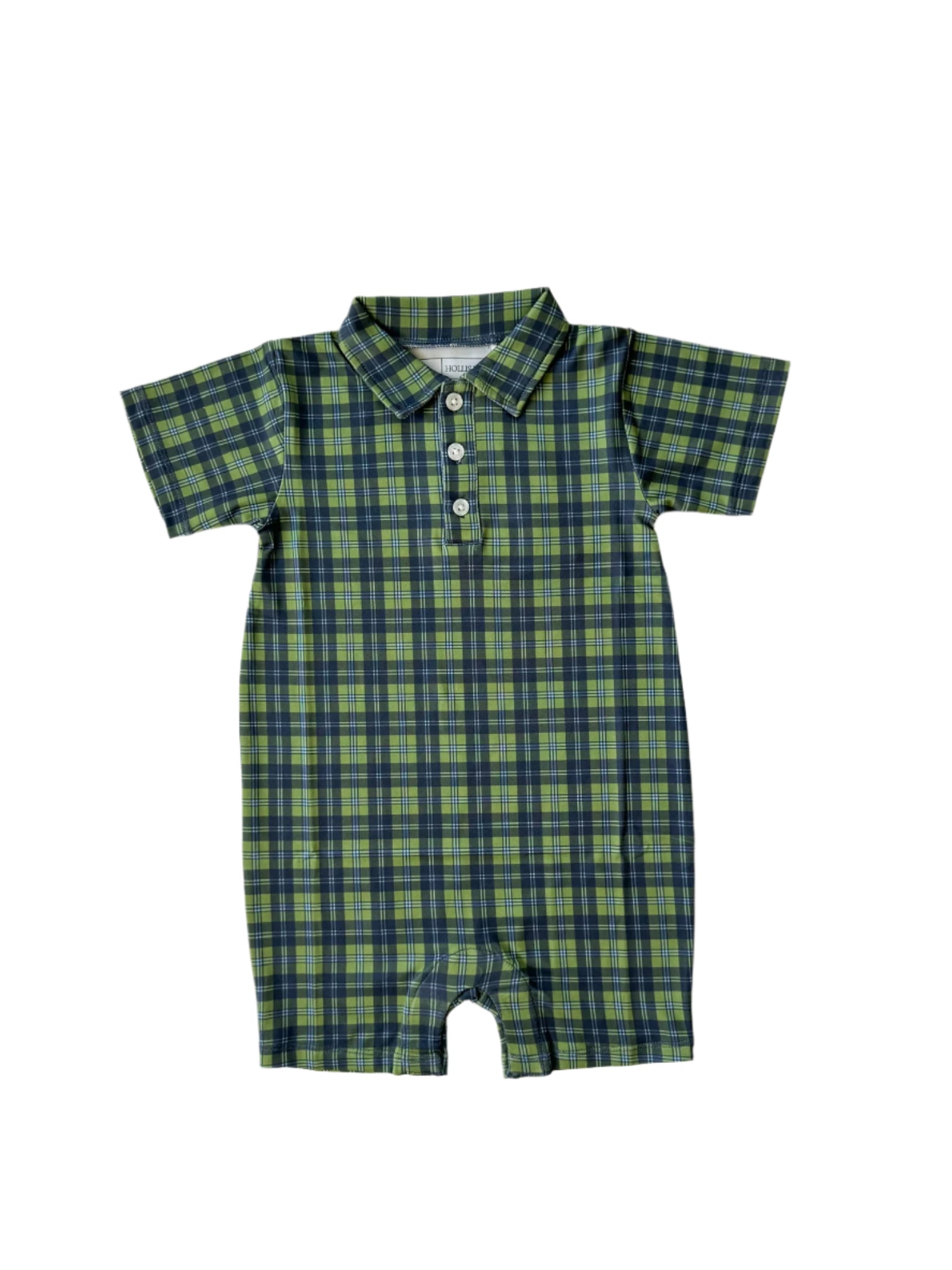 Green plaid baby romper on a white background