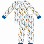 A two-piece children's pajama set featuring a white long-sleeve top and matching pants with a colorful cowboy boots and horseshoe pattern, finished with solid blue cuffs and ankles.