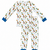 A two-piece children's pajama set featuring a white long-sleeve top and matching pants with a colorful cowboy boots and horseshoe pattern, finished with solid blue cuffs and ankles.