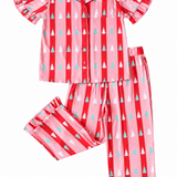 Ruffle Pant Set - Red + Pink Tree Stripes
